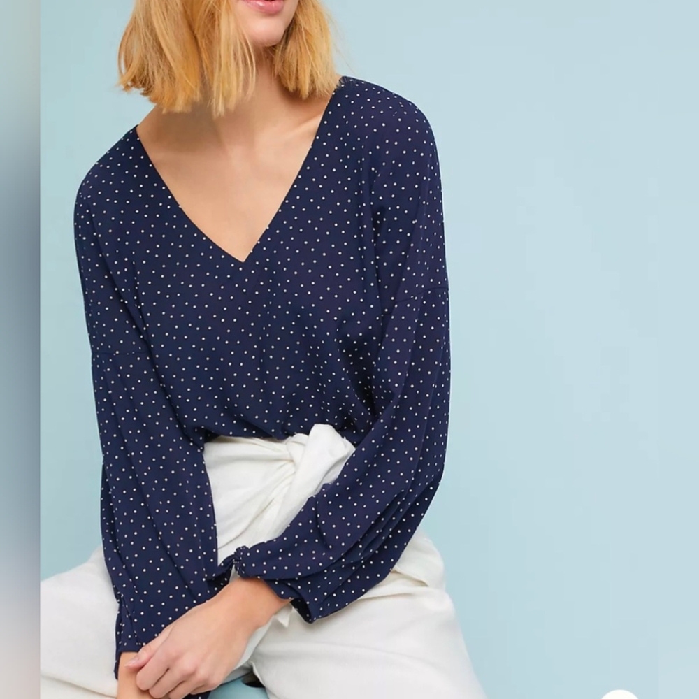 Anthropologie Maeve Navy and White Polka Dot Blouse